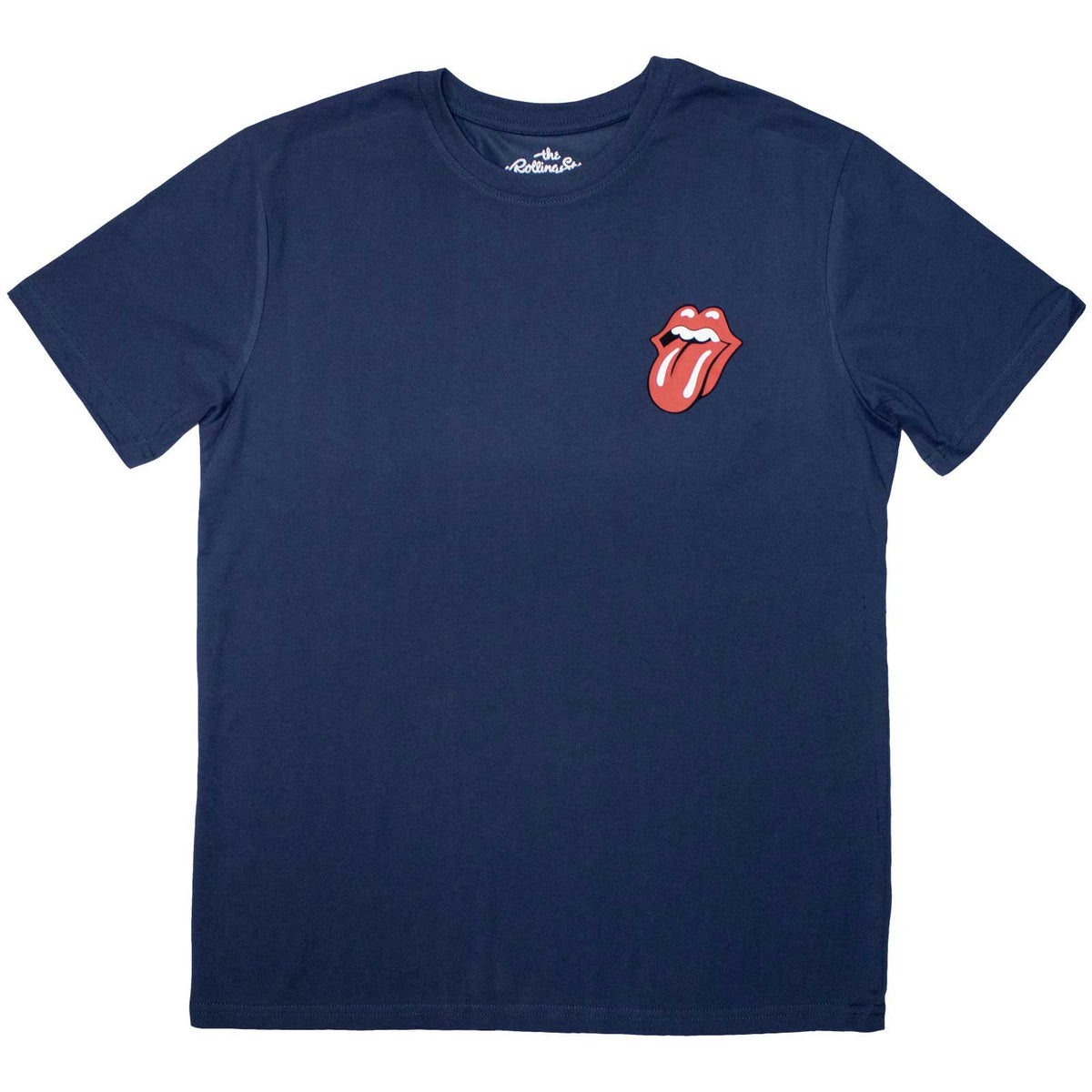 Black t-shirt with small, red Rolling Stones tongue logo on chest.