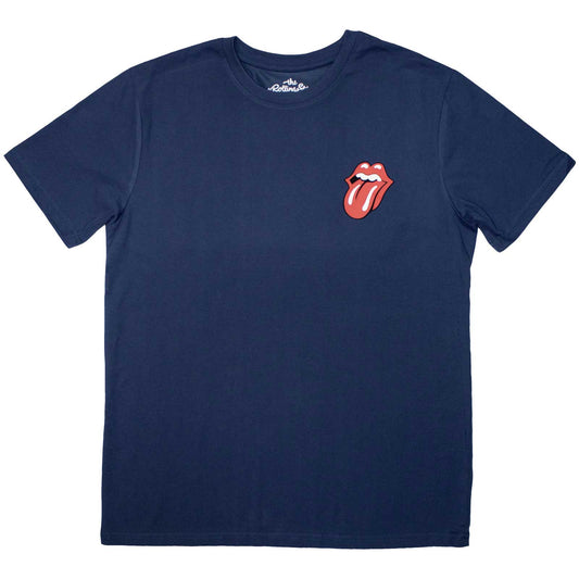 Black t-shirt with small, red Rolling Stones tongue logo on chest.