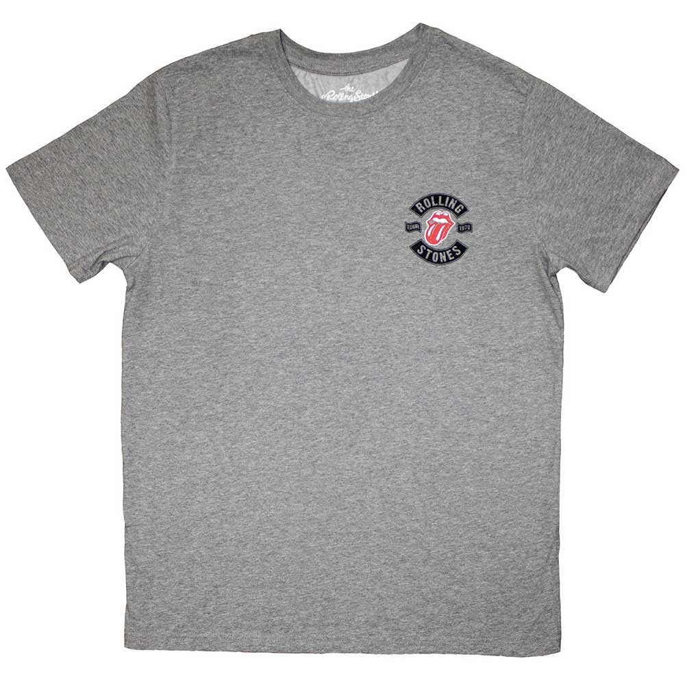 Black unisex t-shirt featuring The Rolling Stones 1978 Mini Tour logo on the front.