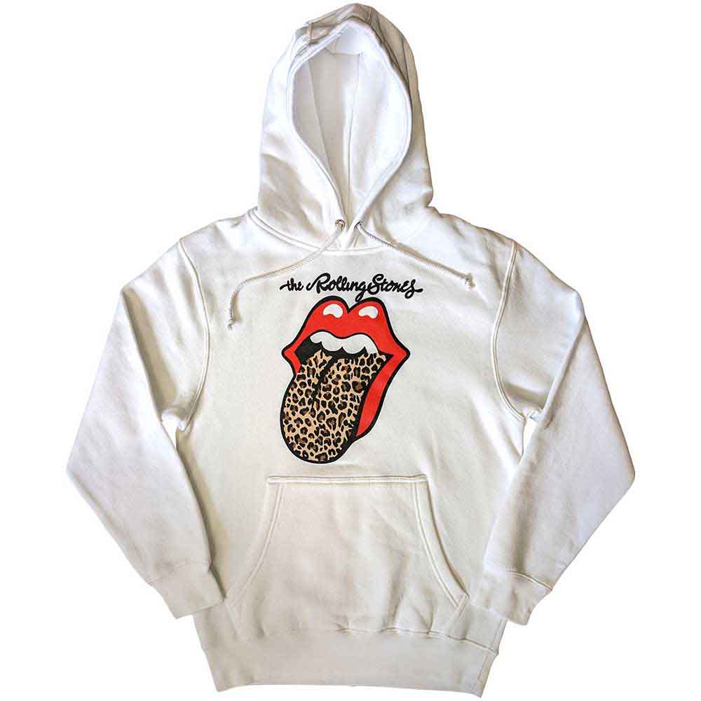 Rolling Stones hoodie, large, with leopard print mimicking the tongue logo.
