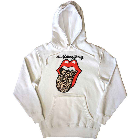 Rolling Stones hoodie, large, with leopard print mimicking the tongue logo.