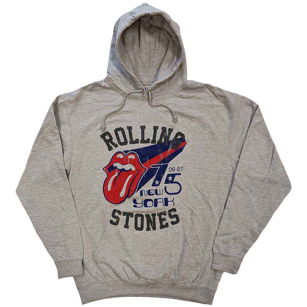 Black unisex pullover hoodie featuring a vintage Rolling Stones New York '75 graphic print.