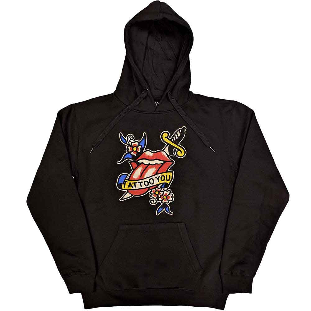 Black unisex pullover hoodie featuring the classic Rolling Stones red tongue and lips logo.