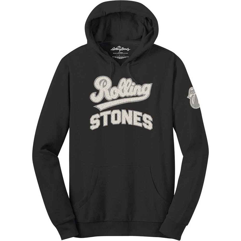 Black hoodie with "Rolling Stones" logo and tongue applique.
