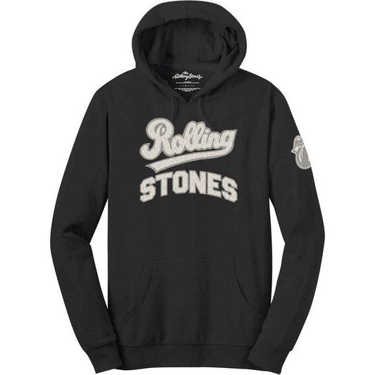 Black hoodie with "Rolling Stones" logo and tongue applique.