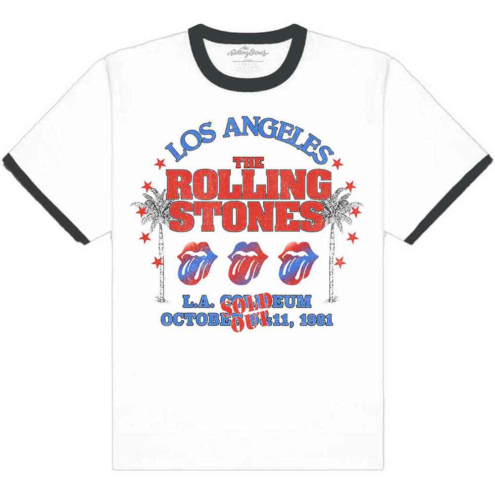 Unisex white ringer t-shirt with black trim featuring The Rolling Stones American LA tour.