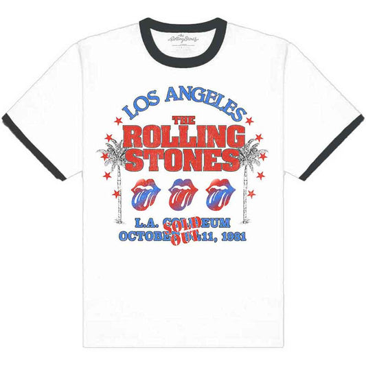 Unisex white ringer t-shirt with black trim featuring The Rolling Stones American LA tour.