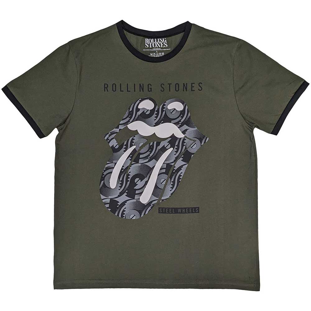 Black t-shirt with white Rolling Stones tongue logo and contrasting collar.