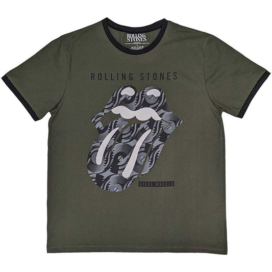Black t-shirt with white Rolling Stones tongue logo and contrasting collar.