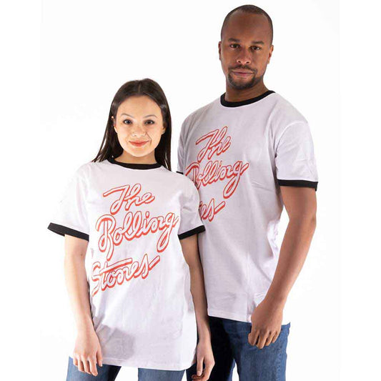 Small black ringer t-shirt with The Rolling Stones’ tongue and lips logo.