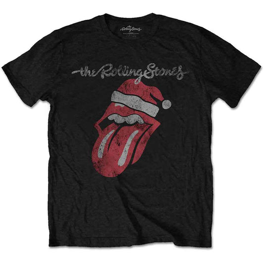 Charcoal grey t-shirt with The Rolling Stones logo wearing a Santa hat.