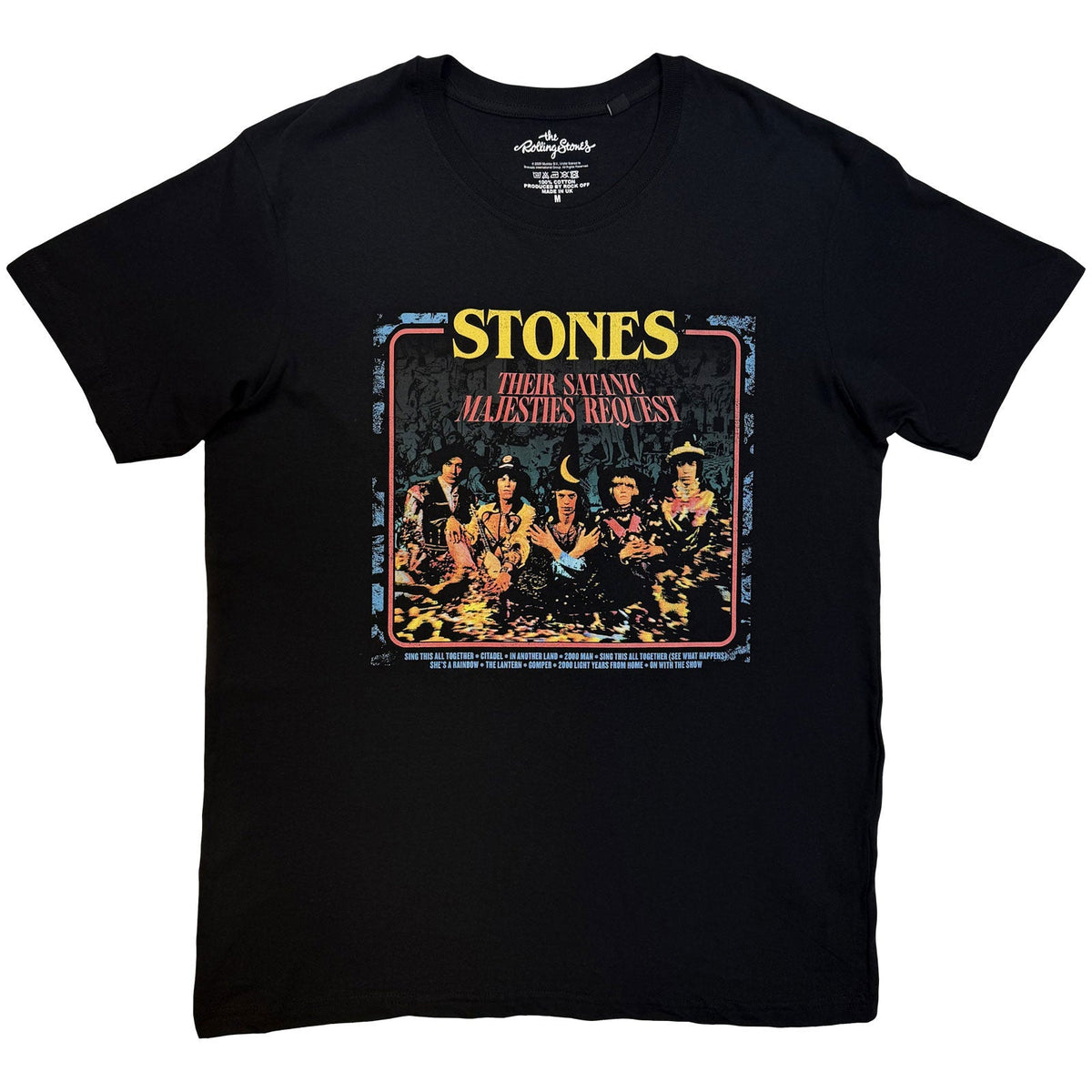 Black t-shirt with album art for The Rolling Stones’ “Satanic Majesties.”