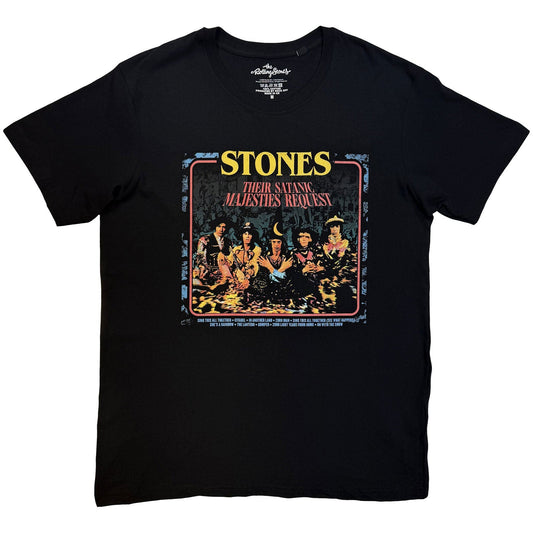 Black t-shirt with album art for The Rolling Stones’ “Satanic Majesties.”