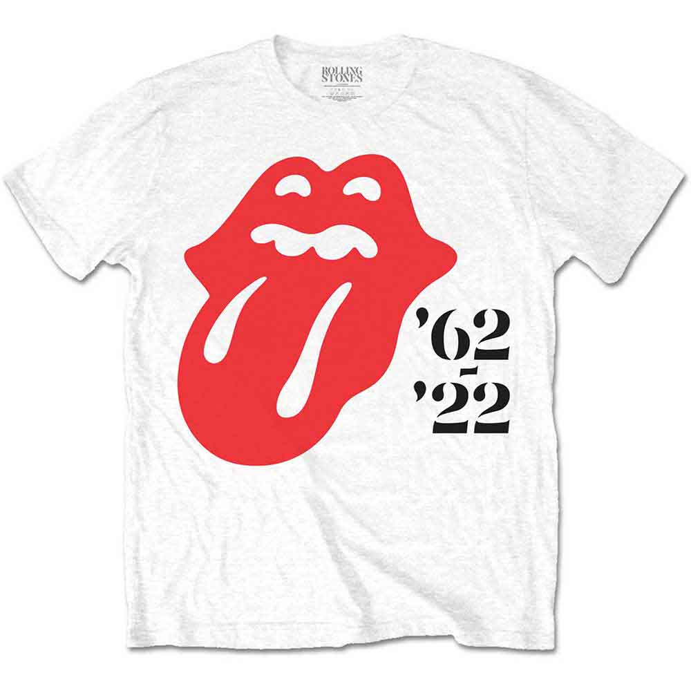 Black unisex t-shirt featuring The Rolling Stones Sixty 62-22 anniversary logo graphic.