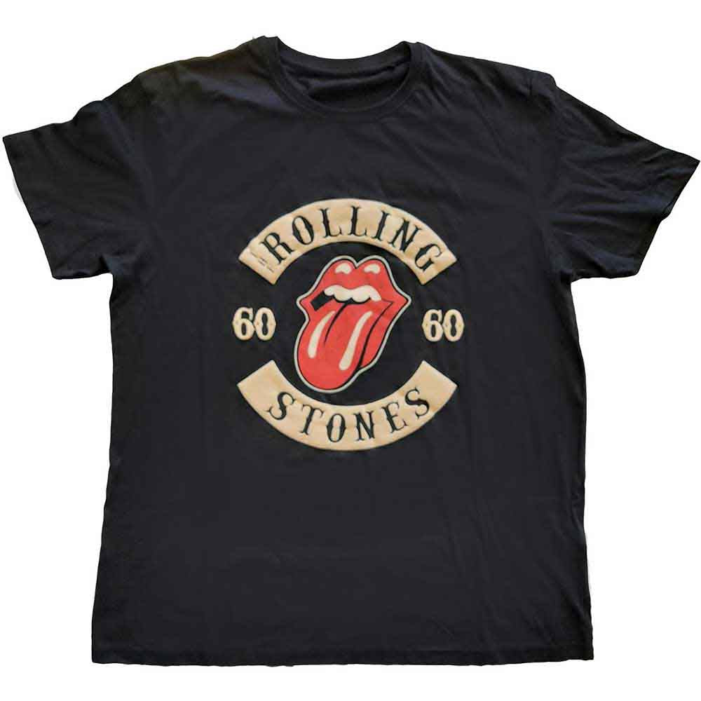 Black t-shirt with The Rolling Stones’ tongue and lips logo in suede flock.