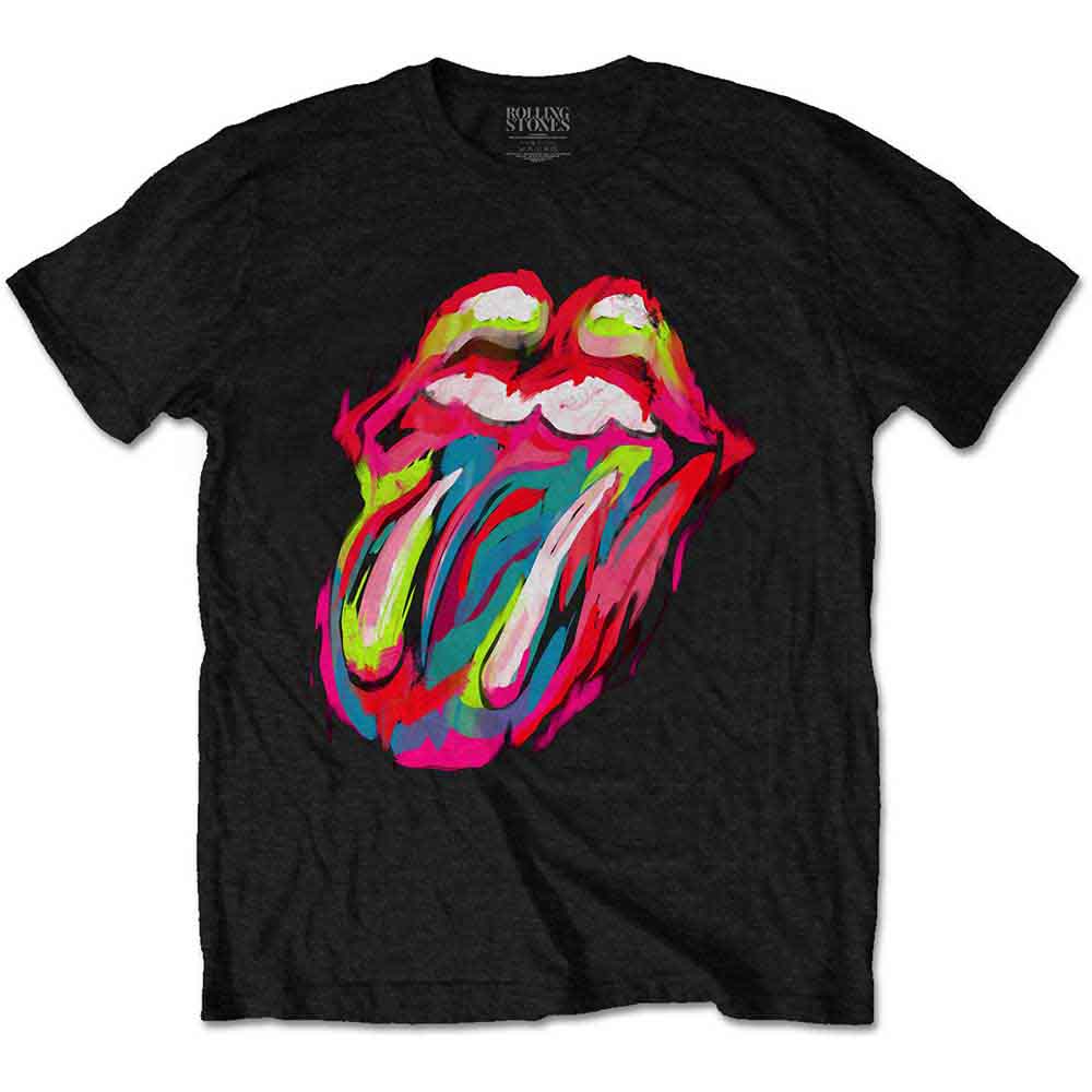 Black t-shirt with a red and white brushstroke Rolling Stones tongue logo.