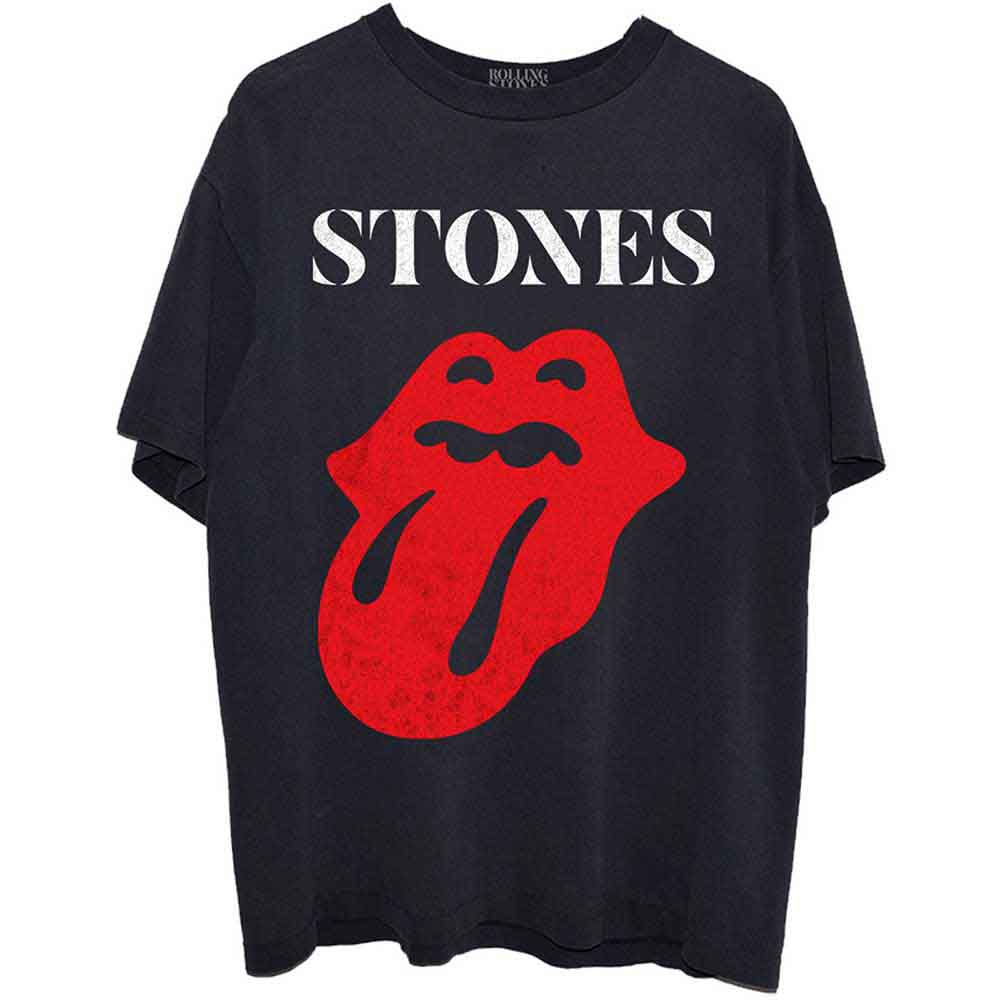 Black unisex T-shirt featuring the classic Rolling Stones red tongue and lips logo.
