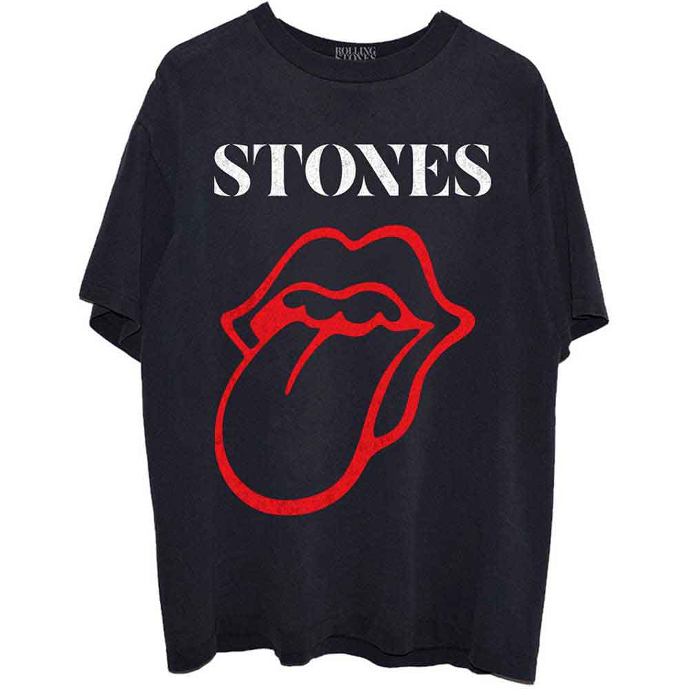 Black unisex t-shirt featuring the classic Rolling Stones red tongue and lips logo.