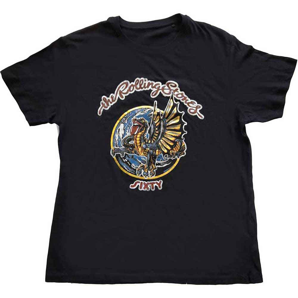 Black Rolling Stones t-shirt with a foiled dragon and "Sixty" text.