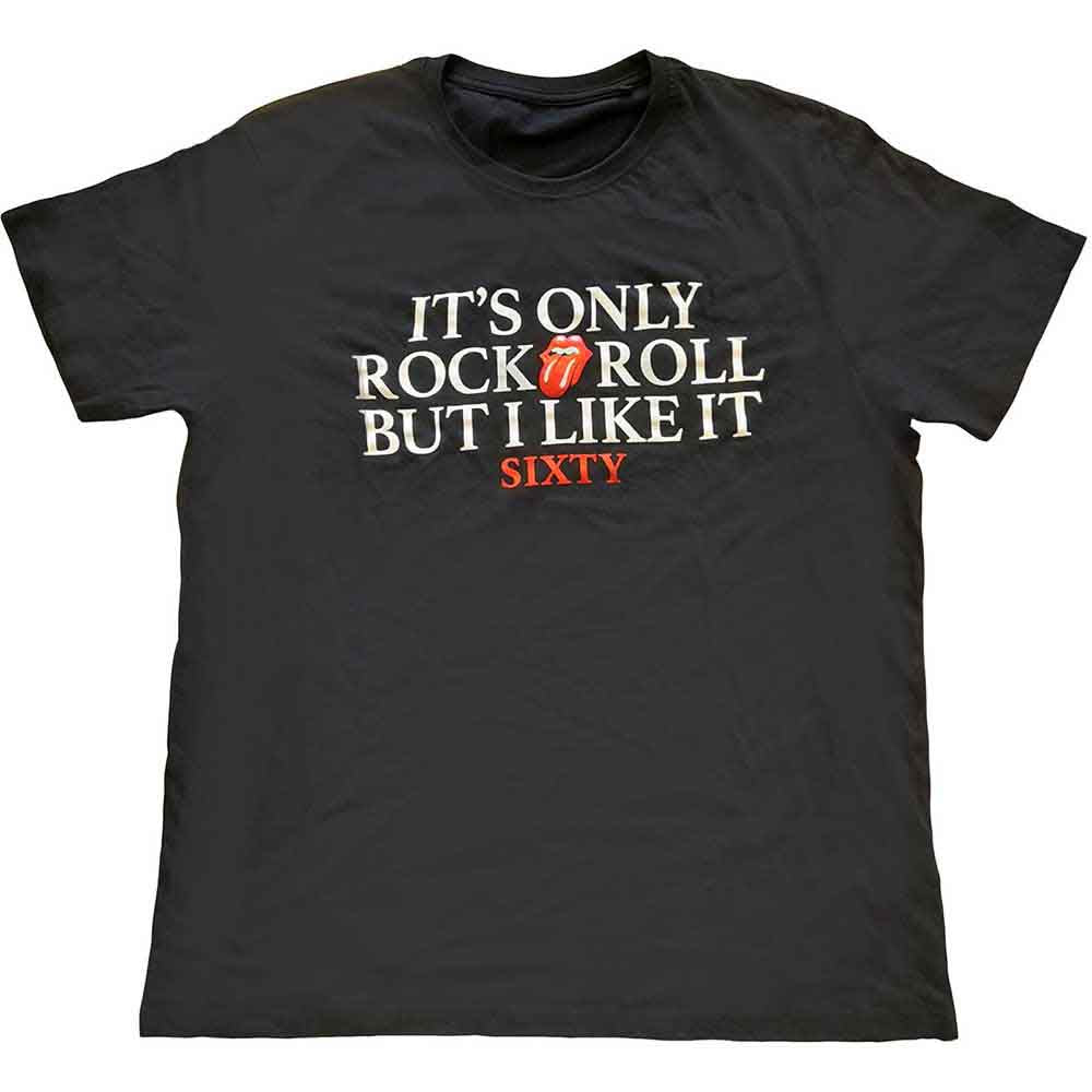 Black unisex t-shirt featuring The Rolling Stones logo with metallic foil text.