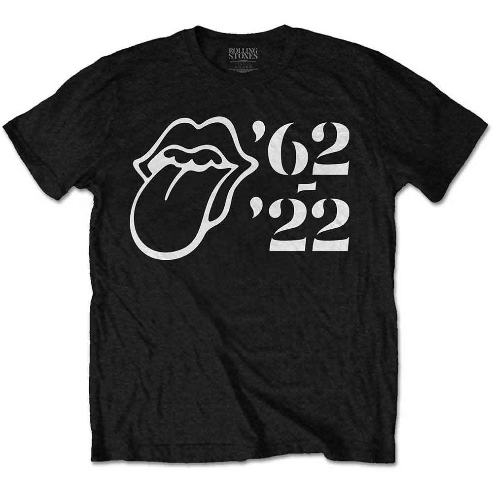 Black t-shirt with white outline of The Rolling Stones logo and “62-22” text.