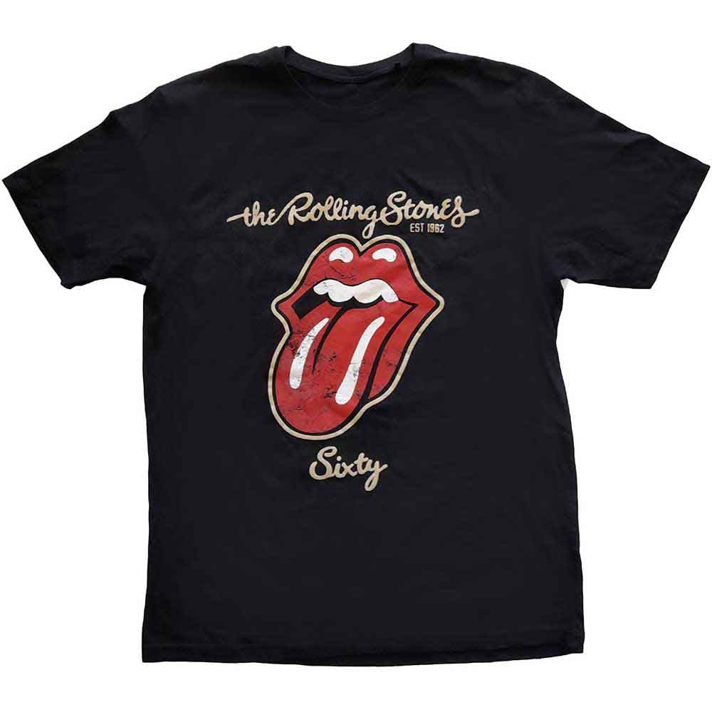Black unisex t-shirt featuring a large Rolling Stones tongue logo with suede applique texture.