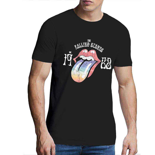 Black unisex t-shirt featuring a colorful rainbow Rolling Stones tongue logo in puff print.