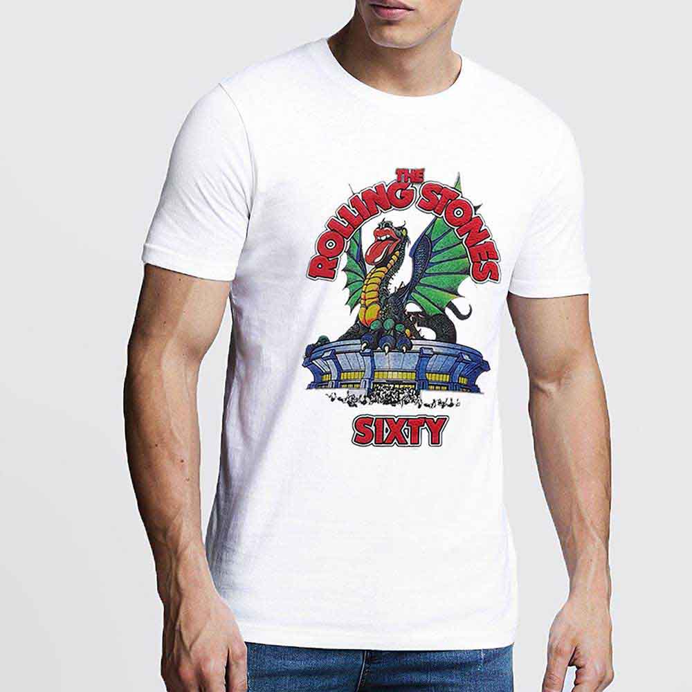 Black unisex t-shirt featuring a large, textured puff-print Rolling Stones dragon stadium graphic.