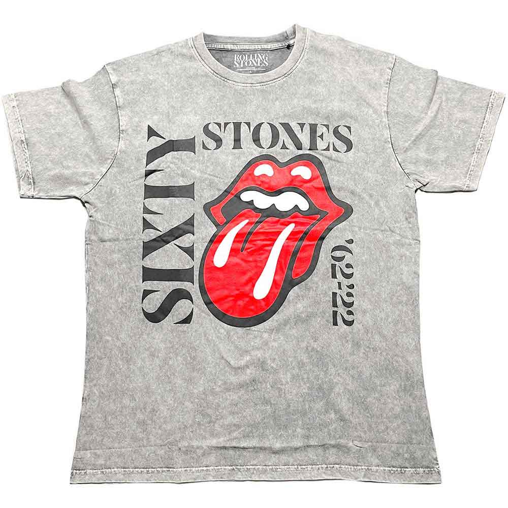 Black unisex T-shirt featuring a vertical Rolling Stones logo from the Sixty collection.