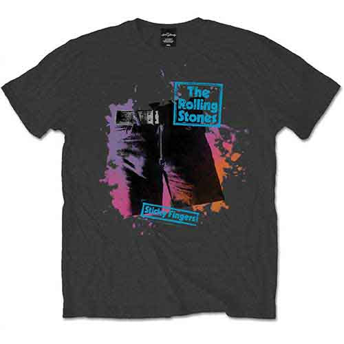 Gray t-shirt with The Rolling Stones’ “Sticky Fingers” album artwork.