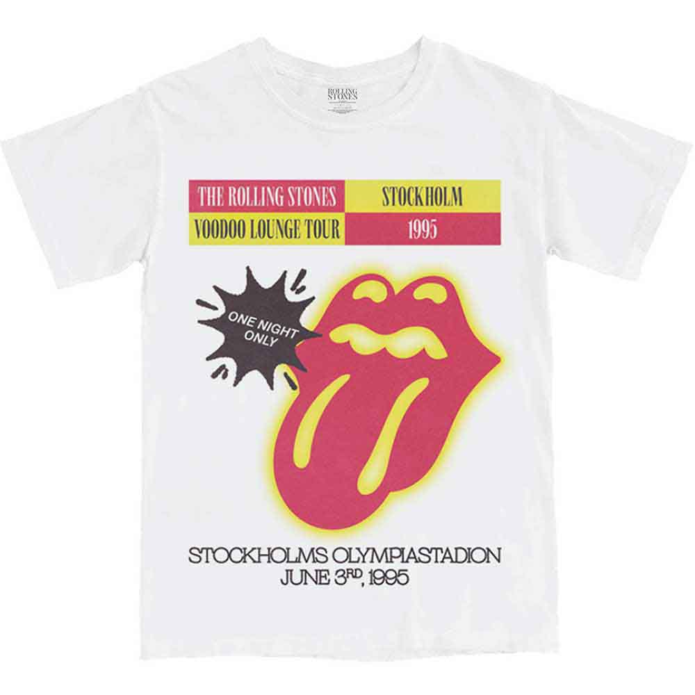 Black unisex t-shirt featuring The Rolling Stones Stockholm '95 tour graphic on the front.