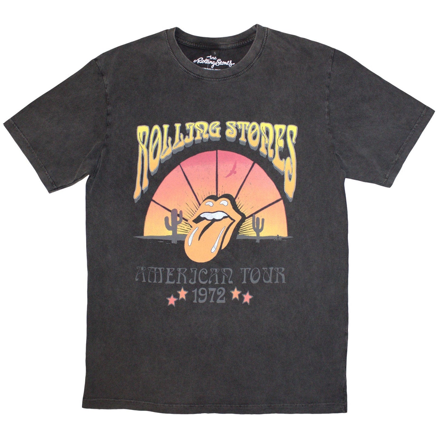 Washed grey t-shirt featuring The Rolling Stones' "Desert '72" tour design.