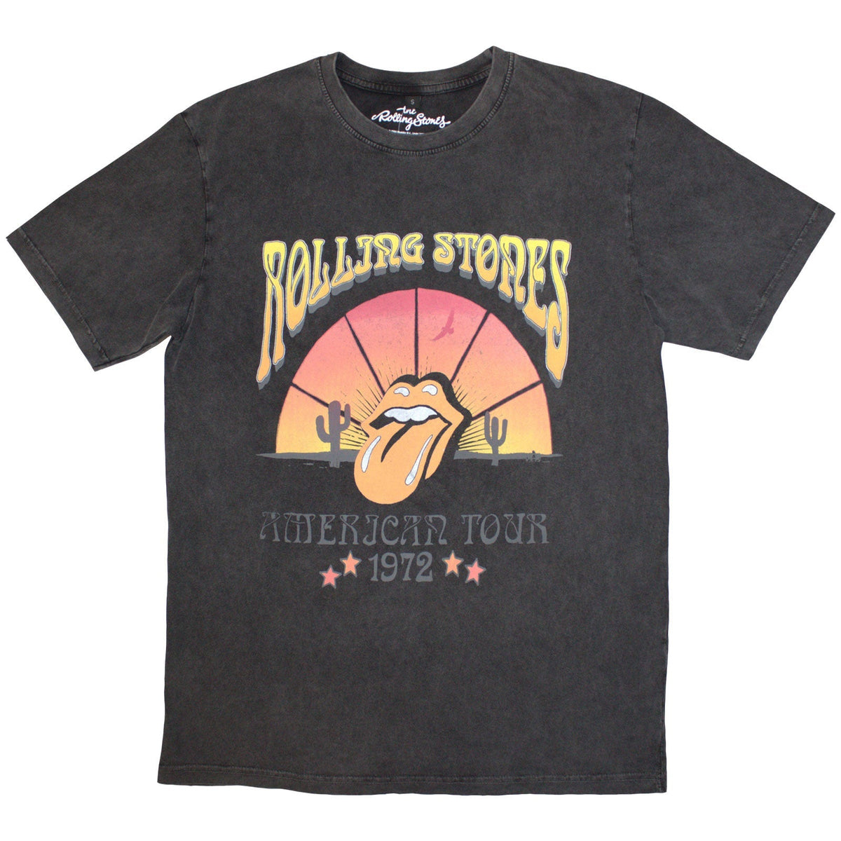 Washed grey t-shirt featuring The Rolling Stones' "Desert '72" tour design.