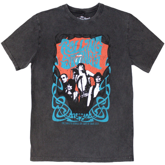 Washed grey t-shirt featuring a psychedelic Rolling Stones montage design, size X-Large.