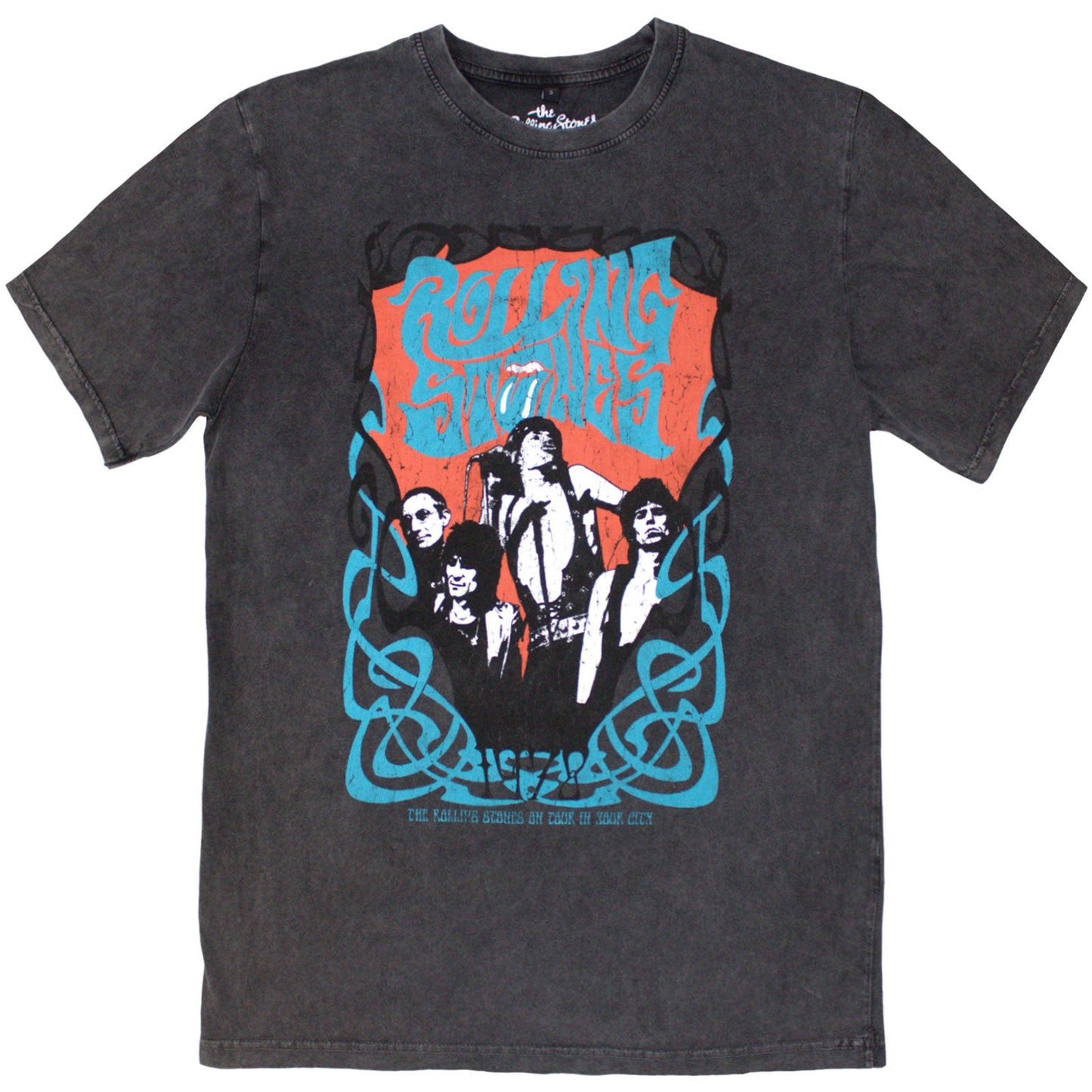 Washed grey t-shirt featuring a psychedelic Rolling Stones montage design, size X-Large.