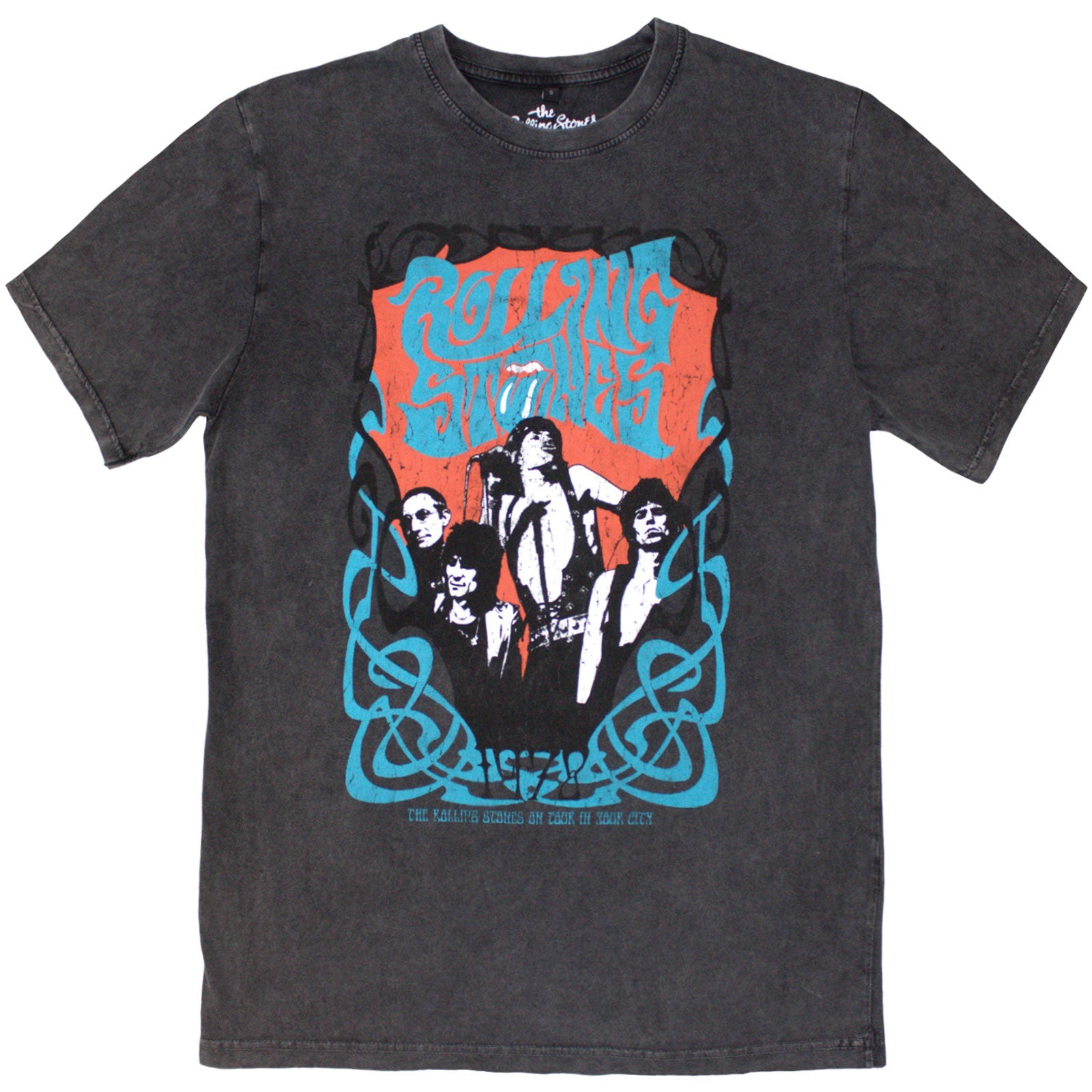 Washed grey t-shirt featuring a psychedelic Rolling Stones montage design, size X-Large.