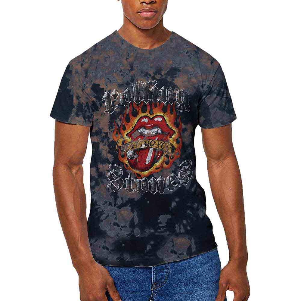 Rolling Stones t-shirt, XX-Large, with dip-dye effect and tattoo-style flame graphic.