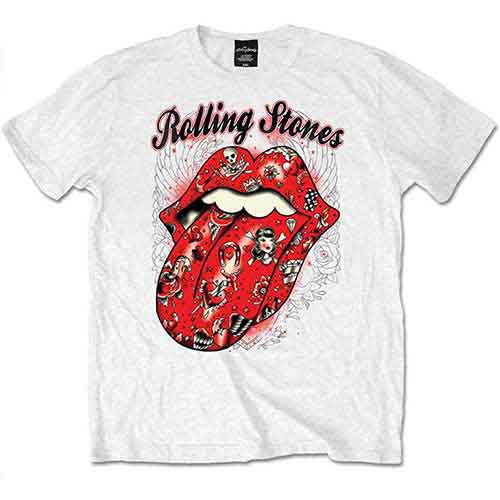 White t-shirt with red Rolling Stones lips graphic covered in tattoo designs.