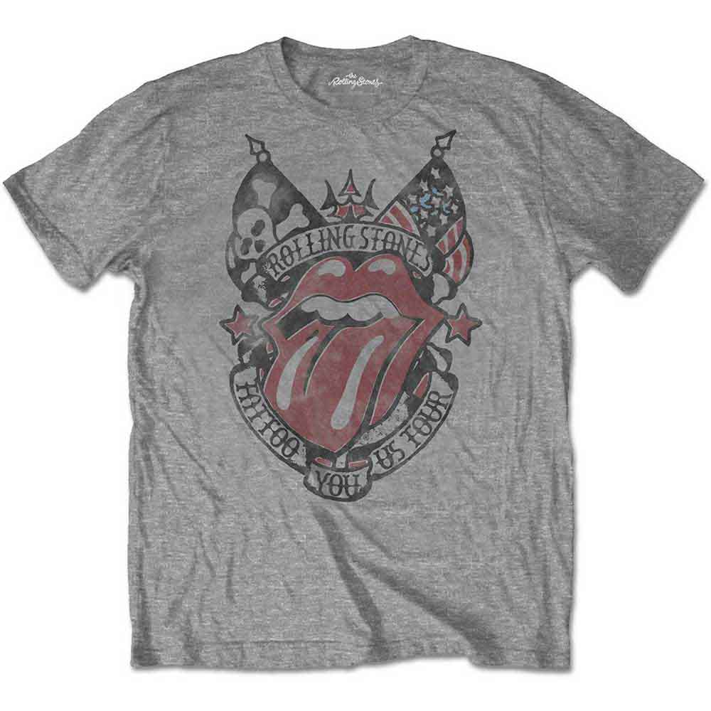 Gray t-shirt with The Rolling Stones’ “Tattoo You” tour graphic.