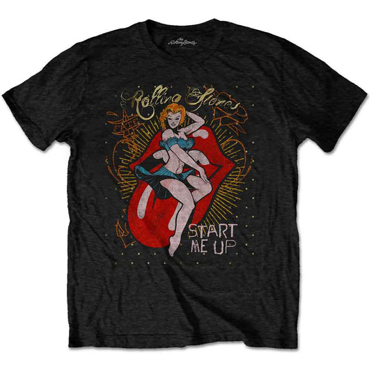 Red Rolling Stones t-shirt with iconic lips and pin-up graphic.