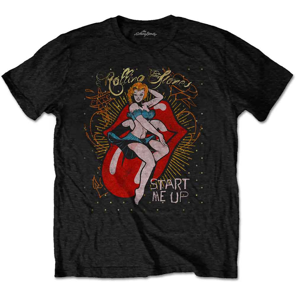 Red Rolling Stones t-shirt with iconic lips and pin-up graphic.