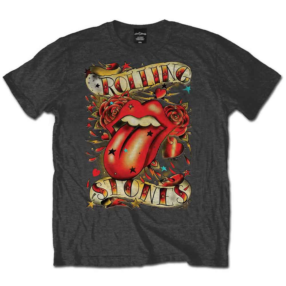 Gray t-shirt with The Rolling Stones’ tongue and lips logo design.