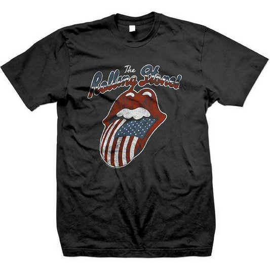 Black t-shirt with The Rolling Stones’ lips and stars-and-stripes tongue logo.