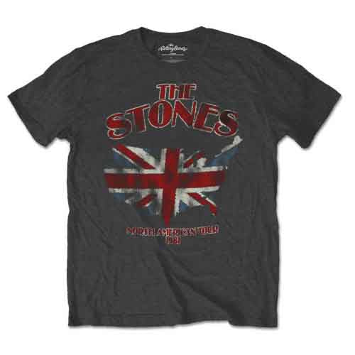 Grey Rolling Stones t-shirt with Union Jack and text design.