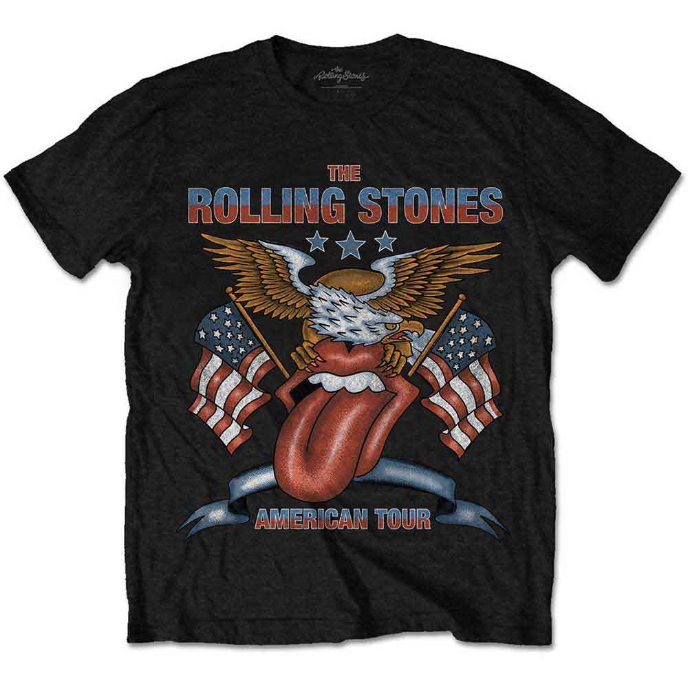 Black unisex t-shirt featuring a Rolling Stones USA Tour eagle graphic on the front.