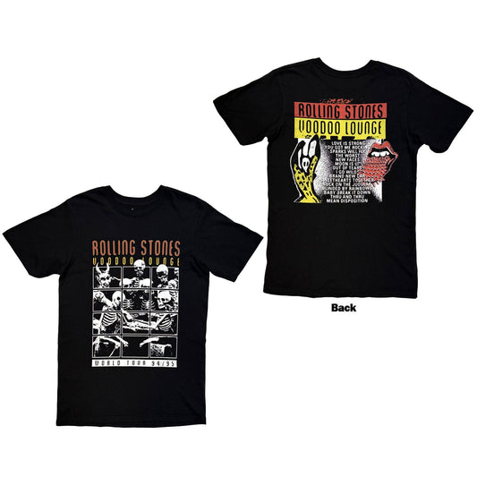 Black Rolling Stones Voodoo Lounge t-shirt with skeletal imagery.