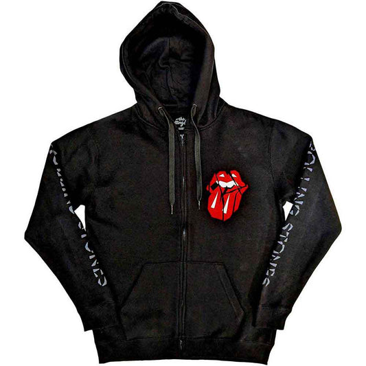 Black zipped hoodie with Rolling Stones’ tongue logo on sleeve, size XX-Large.