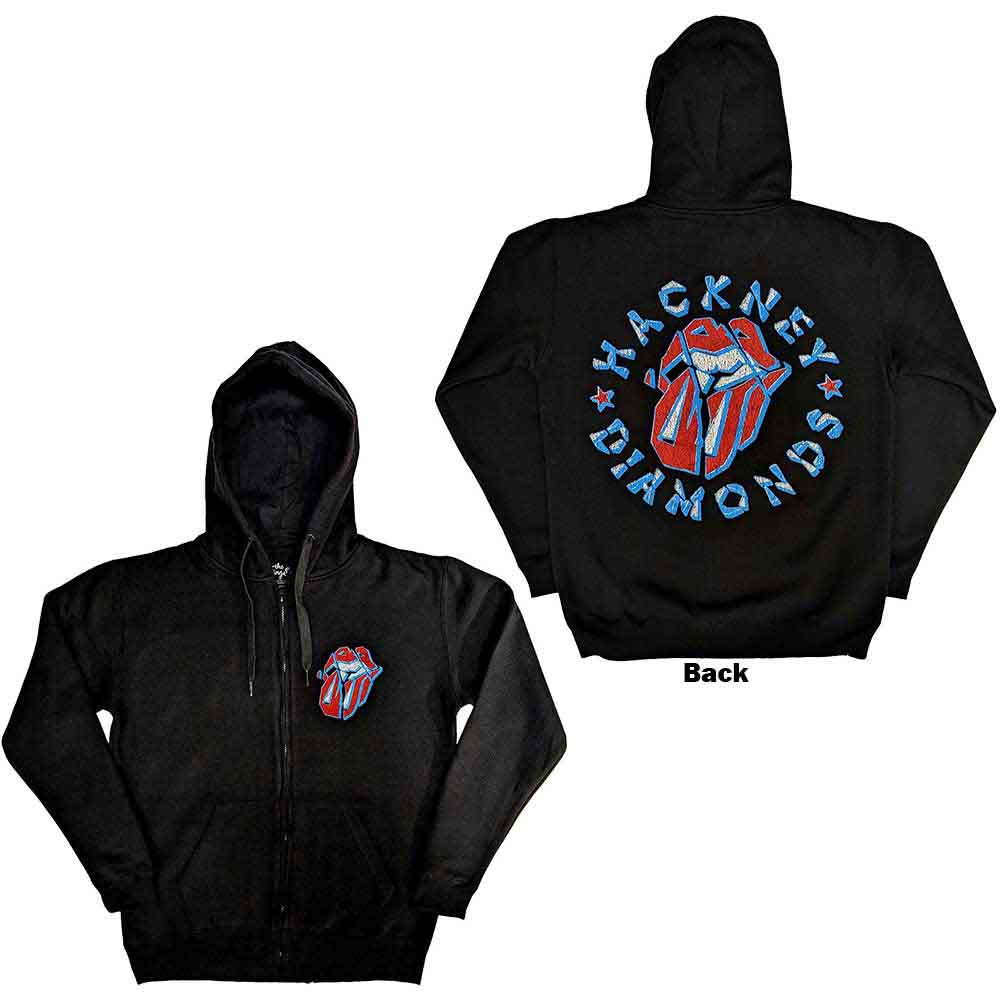 Black zipped hoodie with Rolling Stones' "Hackney Diamonds" star logo on back.