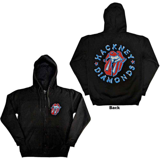 Black zipped hoodie with Rolling Stones' "Hackney Diamonds" star logo on back.