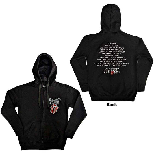 Black zipped hoodie with The Rolling Stones’ Hackney Diamonds tracklist on back.